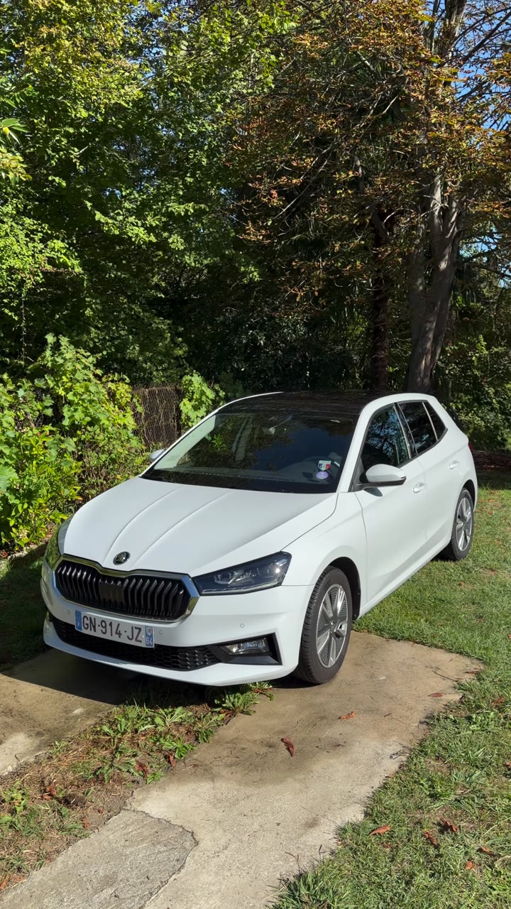 Skoda Fabia blanche garée sur une allée à Lescar, après nettoyage extérieur